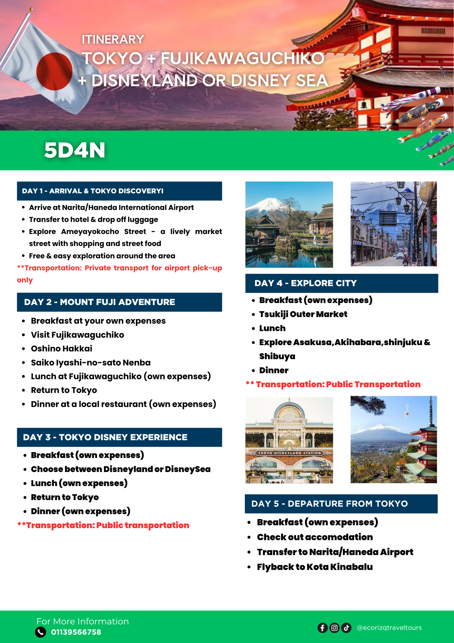 Tokyo + Fujikawaguchiko + Disneyland/Disneysea (5D4N) Itinerary